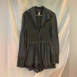 5th Culture Button Up Gray Ruffle Hooded Cardigan